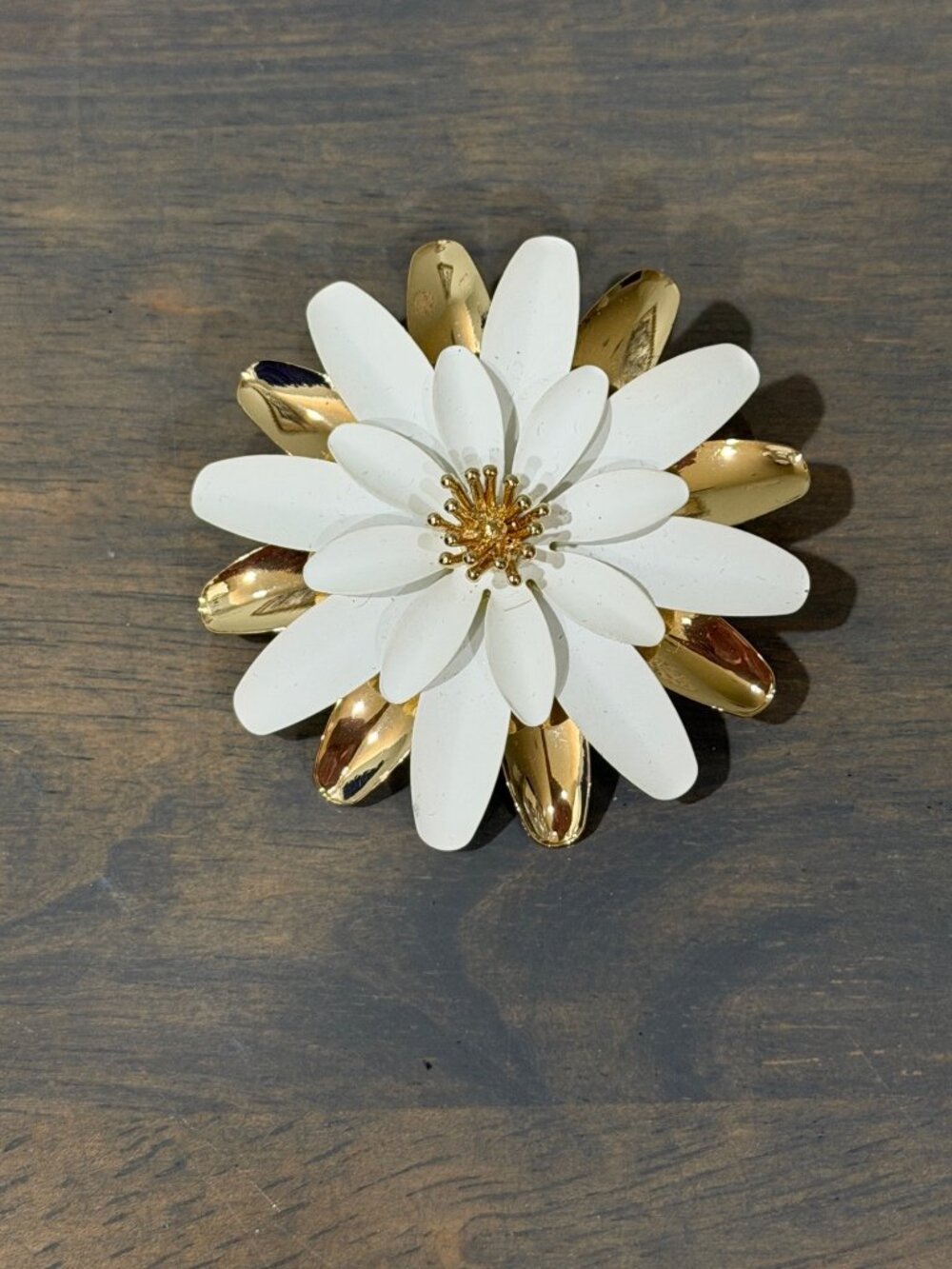 Vintage Monet Large Enamel Daisy Brooch Flower Pin White and Gold